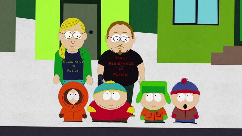 L-R, vorne: Kenny, Eric, Kyle, Stan. Hinter: Star Trek Nerds – Bild: ViacomCBS