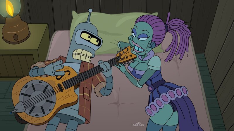 Schon immer wollte Bender (l.) ein Folk-Star werden. Jetzt scheint der Traum in Erfüllung zu gehen. Mit einem 3D-Drucker hat er sich eine Kopie der Gitarre seines Idols Silicon Red geschaffen und hat auch schon bald in Jezabel (r.) einen ganz besonderen Fan gefunden … – Bild: Paramount