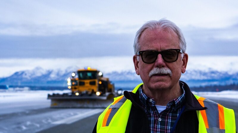Brendon Knox with snow plough and mountains in background – Bild: Smithsonian Channel