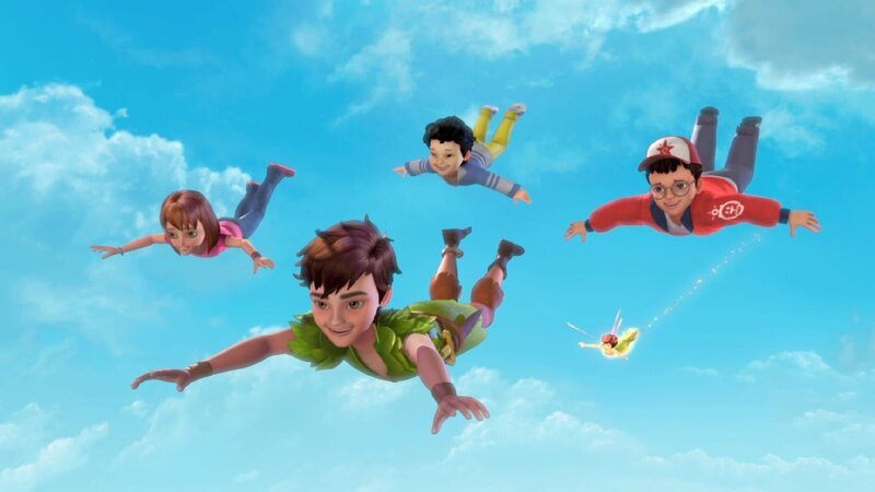 Peter Pan, Tinker Bell, Michael, John und Wendy im Anflug auf Nimmerland. – Bild: ZDF/​method Film/​DQ Entertainment