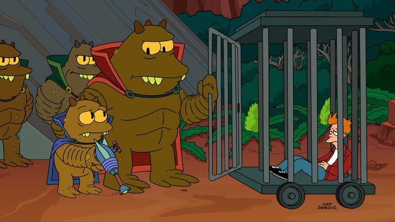 Das Planet Express-Team muss auf den Omicron Persei 8 reisen, weil nur dort ein Kraut wächst, was Professor Farnsworth gegen seine Arthritis helfen kann. Doch leider wird Fry (r.) dort vergessen und von Jrrr (vorne, l.) und Lrrr (vorne, m.) gefangen genommen … – Bild: Paramount