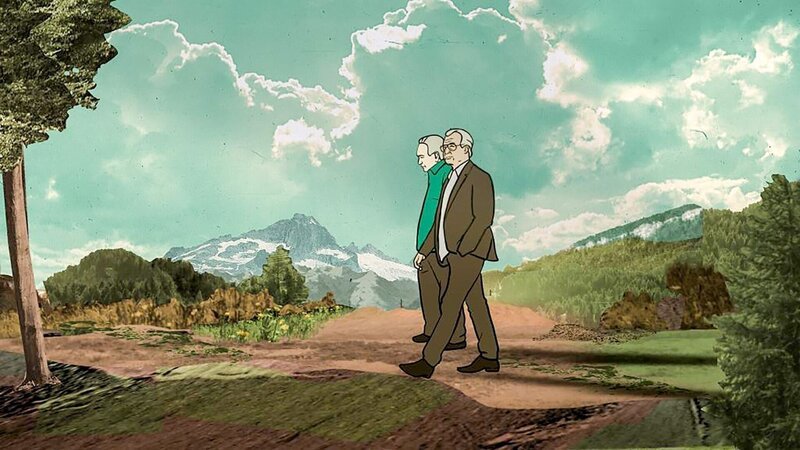 Animierte Trickfilmsequenz: Ephraim Kishon im Gespärch mit Yaron London. – Bild: ORF/​Go2Films/​Alma Films
