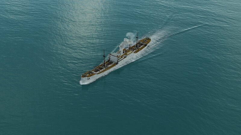 Ein computergeneriertes Bild zeigt einen japanischen Sea Plane Tender auf dem Weg zum Hafen von Rabaul. (Pacific Fleet Productions, Inc.) – Bild: Pacific Fleet Productions, Inc. /​ Pacific Fleet Productions, Inc.