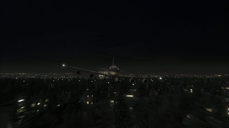 Die DC-8 United Airlines Flug 173 streift die Wipfel der Bäume in einem Vorort, nachdem am 28. Dezember 1978 die Triebwerke und die Stromversorgung des Flugzeugs wegen Treibstoffmangels ausgefallen sind. – Bild: Copyright © The National Geographic Channel.