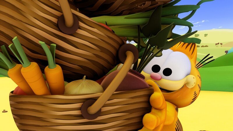 Garfield weigert sich auf der Farm mit anzupacken, aber dank der Hypnosefähigkeiten von Dr. Whipple verwandelt sich Garfield tatsächlich in einen übereifrigen Farmarbeiter. – Bild: HR/​DARGAUD MEDIA