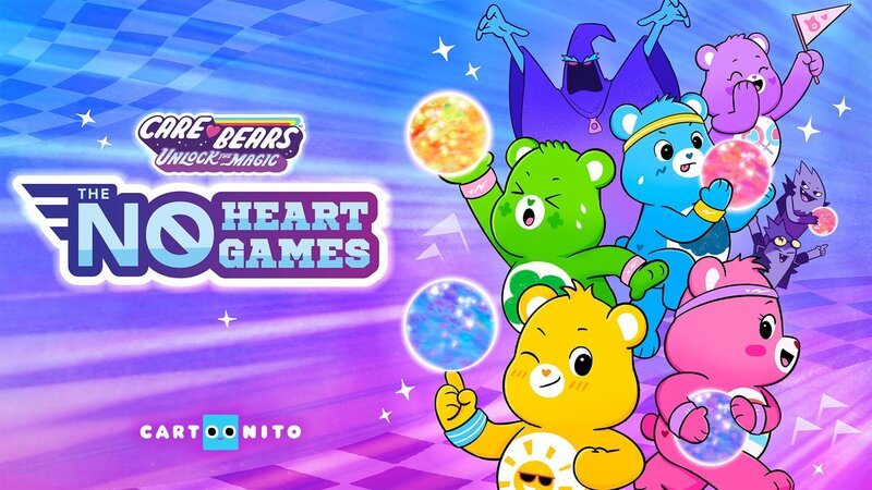 Vorne, v.li.: Good Luck Bear, Funshine Bear, Grumpy Bear, Cheer Bear. Hinter, v.li.: No Heart, Share Bear, Robbie, Bluster. – Bild: Cartoonito /​ Care Bears ™ and related trademarks © Those Characters From Cleveland, Inc.