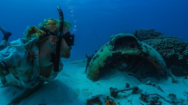 Tim taucht am Wrack des Flugzeugs vorbei. – Bild: Discovery Channel /​ Discovery Communications, LLC