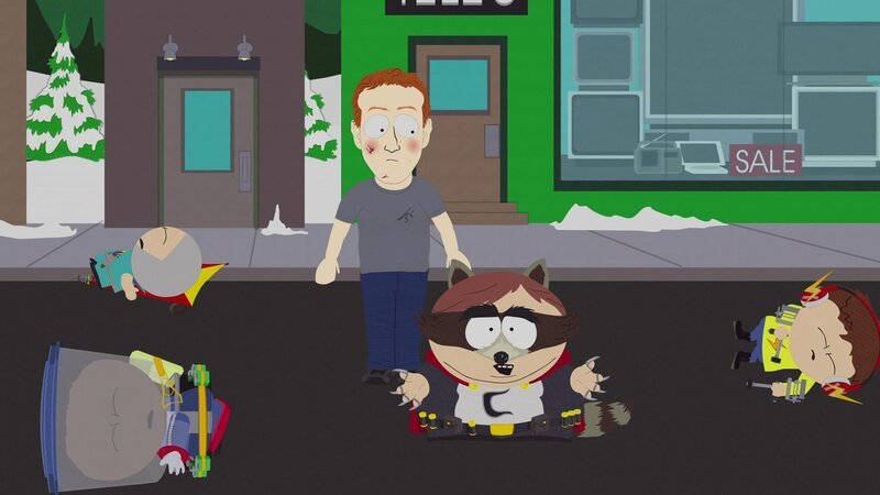 L-R: Token als „Tupperware“, Kyle als „Human Kite“, Mark Zuckerberg, Eric als „The Coon“, Jimmy als „Fastpass“ – Bild: ViacomCBS