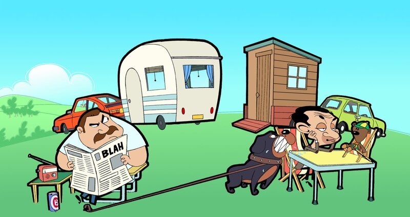 v.li.: Camping Security Guard, Security Guard’s Dog, Mr. Bean – Bild: Mr Bean TM and Tiger Aspect Productions Ltd