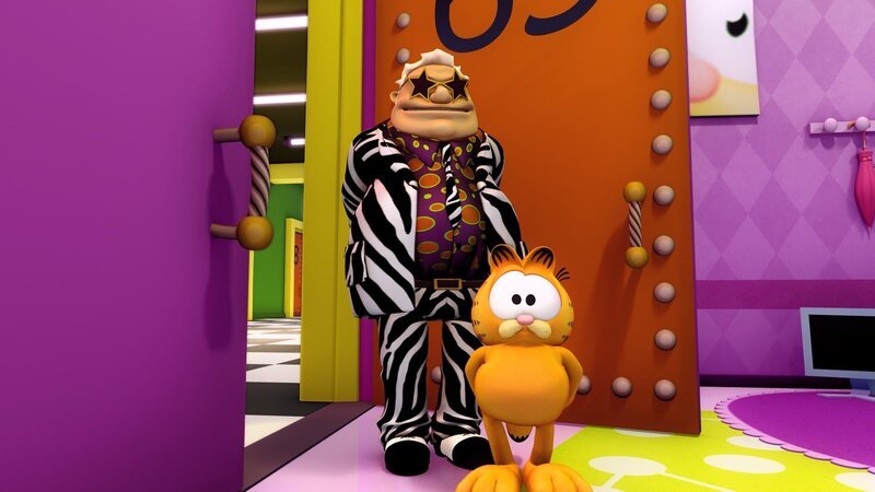 Garfield unterbricht den Dreh an dieser Episode und läuft schnurstracks in das Büro seines Produzenten, da er mit den eingespielten Lachern nicht einverstanden ist. – Bild: HR/​DARGAUD MEDIA