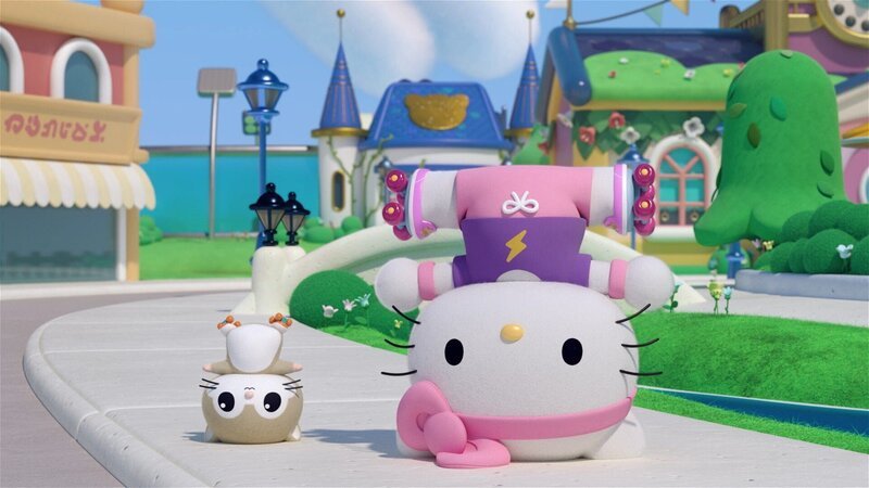 In Cherry Town findet eine Boogie-Woogie-Rollschuh-Party statt. Kitty (re.) und Haroshee freuen sich sehr. – Bild: Zeit zu Rollen /​ © 2022 SANRIO CO. LTD.
