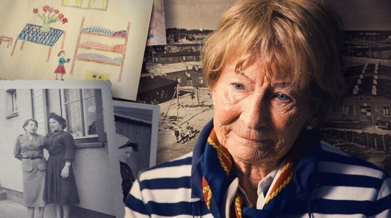 Protagonistin Elsbeth Schönrock heute, mit Jugendfoto und Kinderzeichnung aus dem Flüchtlingslager. – Bild: ZDF und NDR/Danmark Radio 2023/Kim Bredahl. Protagonistin Elsbeth Schönrock heute, mit Jugendfoto und Kinderzeichnung aus dem Flüchtlingslager. – Bild: ZDF und NDR/Danmark Radio 2023/Kim Bredahl.