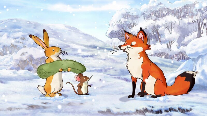 Die kleine Feldmaus und der kleine braune Hase treffen bei ihrem Winterspeziergang auf die kleine Rotfüchsin. – Bild: KiKA/​SLR Productions Australia Pty.Ltd./​Scrawl Studios Pte Ltd./​hr/​ARD
