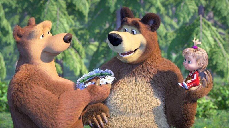Der Bär, Mascha und die Bärin freuen sich über den Sieg. – Bild: KiKA/​Animaccord Animation Studio