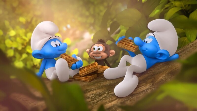 Jokey und Dummi haben viel Spaß an dem Affen. – Bild: KiKA/​Peyo Productions, Dupuis Édition & Audiovisuell