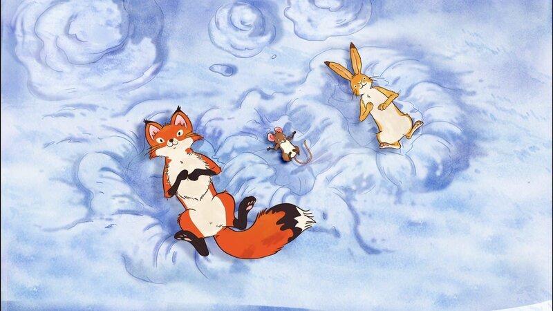 Die kleine Rotfüchsin, die kleine Feldmaus und der kleine braune Hase liegen in Schneekuhlen und blicken in den winterlichen Himmel – Bild: KiKA/​SLR Productions Australia Pty.Ltd./​Scrawl Studios Pte Ltd./​hr/​ARD