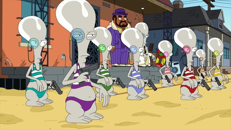 Hinter, l-r: Black Villain, Tearjerker – Bild: Paramount /​ FOX /​ 2013 FOX BROADCASTING /​ AMERICAN DAD and 2013 TCFFC ALL RIGHTS RESERVED.