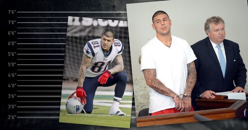 Aaron Hernandez auf dem Footballfeld, 2012, und in Handschellen bei seiner Verhandlung 2013. – Bild: ZDF und Tobias Lenz