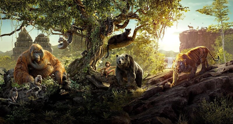 L-r: König Louie, Kaa (oben), Mogli (Neel Sethi), Bagheera (oben), Baloo und Shere Khan – Bild: Disney Enterprises L-r: König Louie, Kaa (oben), Mogli (Neel Sethi), Bagheera (oben), Baloo und Shere Khan – Bild: Disney Enterprises