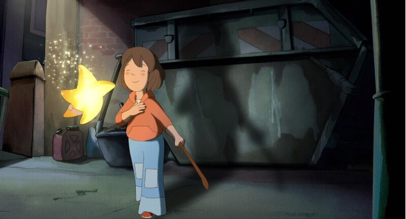 Der Stern hilft Laura,noch rechtzeitig vor dem großen Konzert Mutters Cellobogen in die Oper zu bringen. – Bild: ZDF und Cartoon-Film