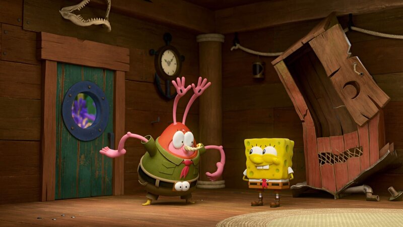 Narlene und Nobby verkleidet als Mr. Krabs, SpongeBob (r.) – Bild: Paramount
