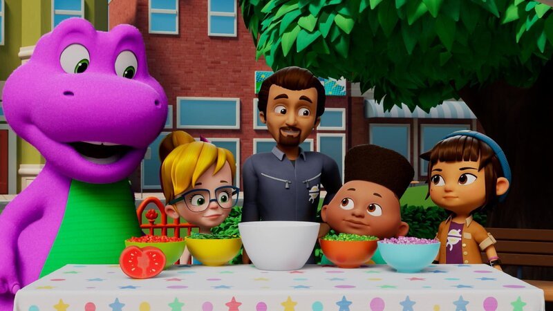 Barney (l.), Vivie (2.v.l.), David (2.v.r.), Mel (r.) – Bild: Cartoonito