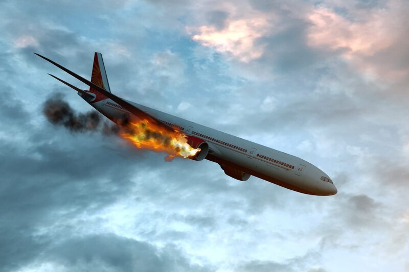Verkehrsflugzeug mit brennendem Triebwerk, Konzept der Luftkatastrophe. 3D-Illustration. – Bild: annlarich/​depositphotos