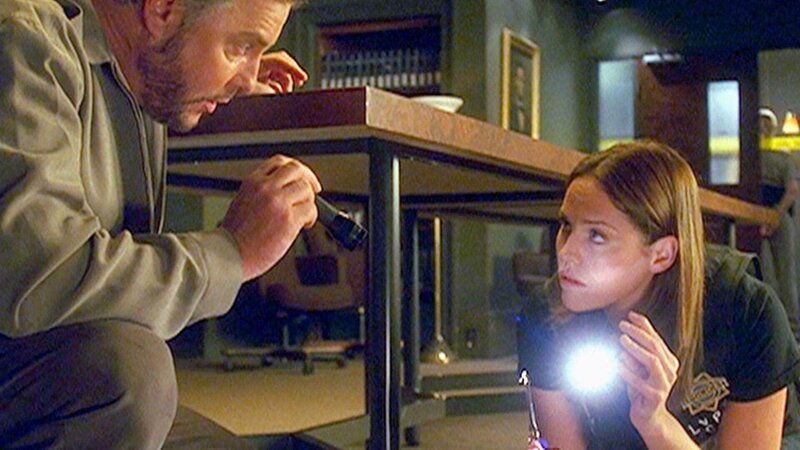 Ein kleiner Hinweis bringt Gil (William Petersen) und Sara (Jorja Fox) auf die Spur des Mörders. – Bild: TVNOW /​ CBS