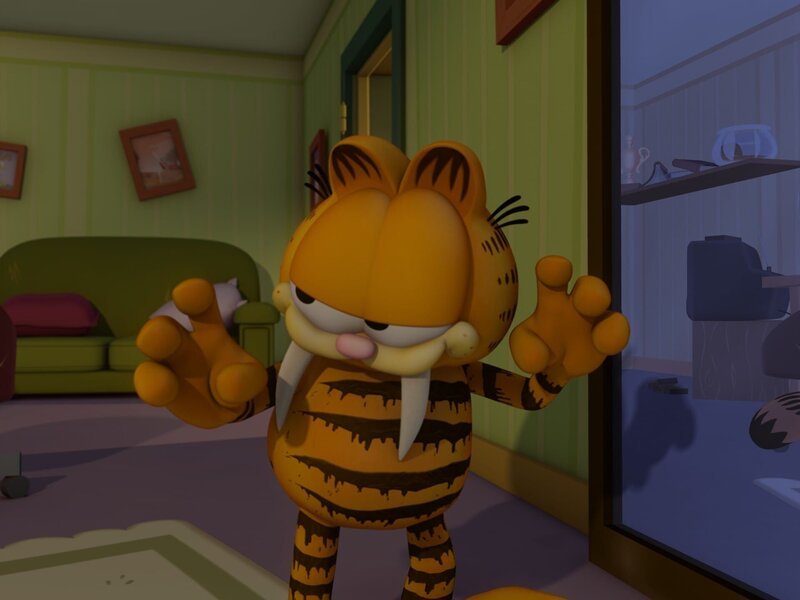 Garfield, als Katzilla verkleidet, erschreckt etliche Nachbarn fast zu Tode. – Bild: HR/​DARGAUD MEDIA