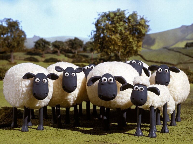 Shaun (vorn, re.) und seine Freunde leben auf der Weide eines idyllisch gelegenen Bauernhofes. – Bild: WDR/​Aardman Animations Ltd.