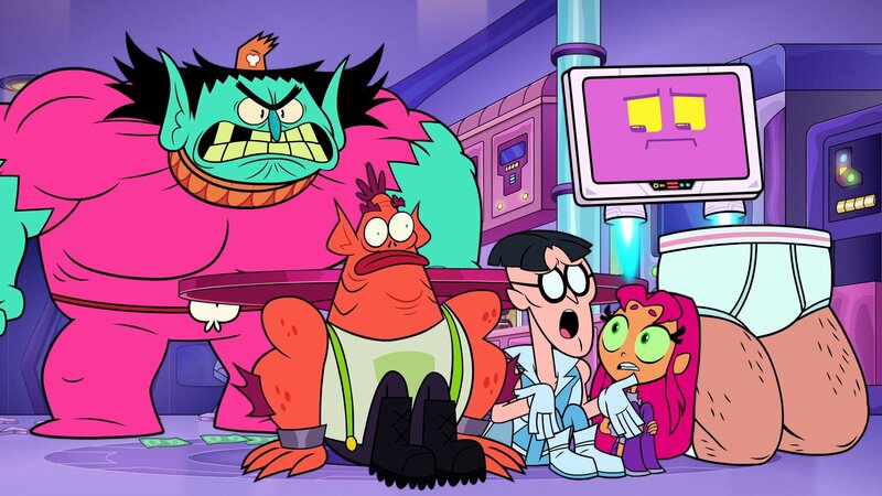 v.li.: Tooth Fairy, Freak, Folding Paper Man, Starfire, Platz, 50% Chad – Bild: Warner Bros. Animation