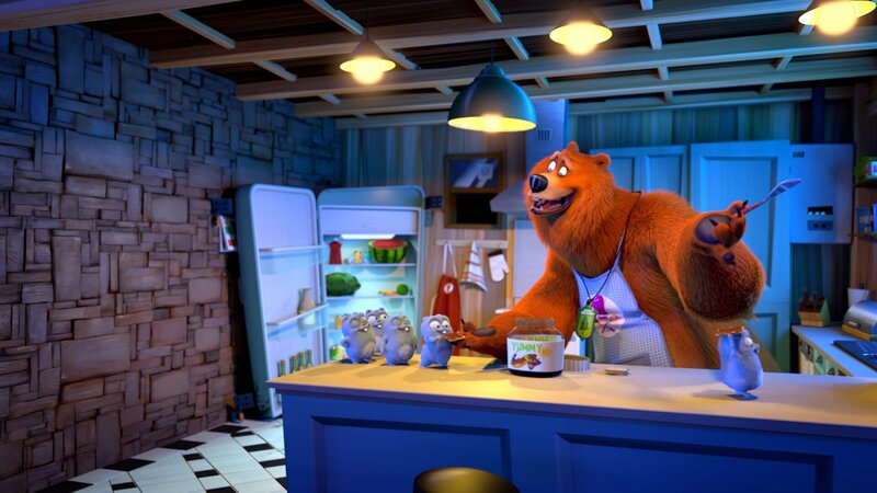 Irgendetwas stimmt doch hier nicht …? Grizzy (hinten) schmiert den Lemminge bereitwillig Brote mit seiner geliebten Schokocreme. – Bild: Studio Hari