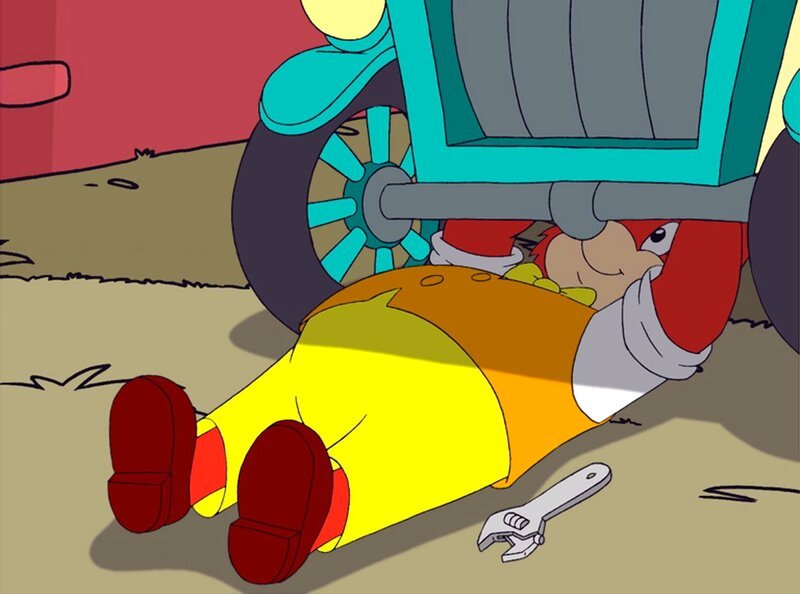 Episode: Oma ungebremst – Oma Eusebia will mit ihrem Auto unbedingt an einem Oldtimer-Wettbewerb teilnehmen. Aber Omas bestes Stück verliert unterwegs ein Teil nach dem anderen. Doch Eusebia ist wild entschlossen, an dem Wettbewerb teilzunehmen. Leider ist sie nicht ganz so zufrieden mit Fix und Foxis Reparaturkünsten. – Bild: Rolf Kauka/​Lizenz RTV AG/​WDR