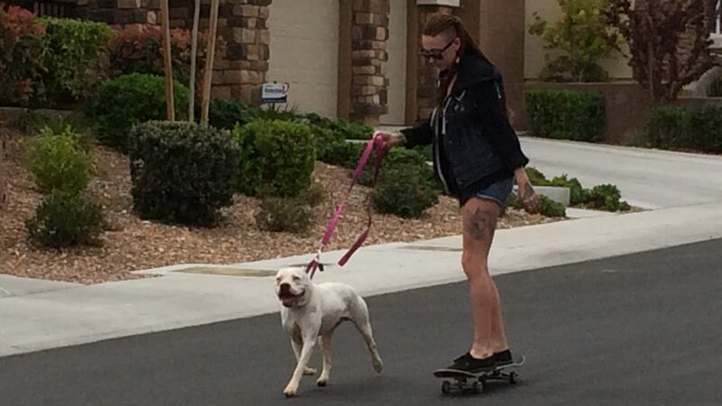 Mariah skateboarding with Artemis during the home check. – Bild: TLC