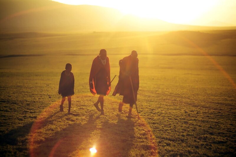 Maasai-Stammesangehörige wandern bei Sonnenuntergang durch die Serengeti. – Bild: BBC 2016/​Stephen Cooter