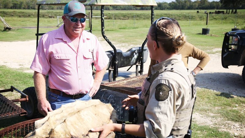 Warden Lauren Isles talking to the homeowner about turtle shell. – Bild: Animal Planet