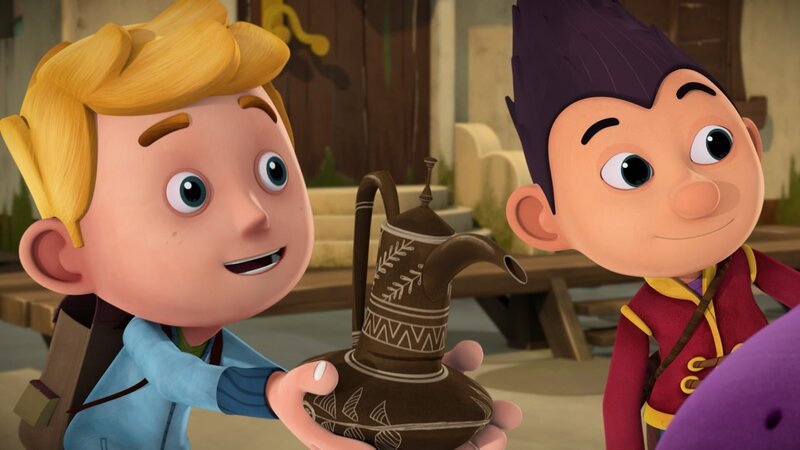 Jack und Tashi bitten den Dschinni, ihnen drei Wünsche zu erfüllen. – Bild: KiKA/​Flying Bark Productions Pty Ltd.