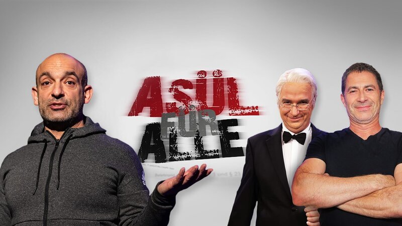Key Visual/​Cover Sendereihenbild mit Typo zu „Asül für alle“. Wenn ein Amt für Nachhaltigkeit von Django Asül geleitet wird, ist das Chaos nicht weit. Wenn ihm dabei Rolf Miller und Wolfgang Krebs ambitioniert zur Seite stehen, naht das Inferno. – Bild: Johanna Schlüter, Foto Sessner /​ BR