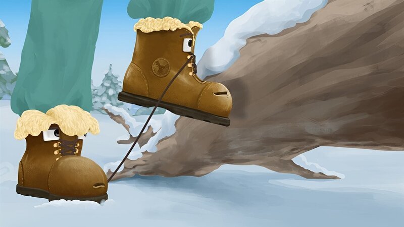 Das Drama nimmt seinen Lauf: Winterstiefel Jäätä steht aus Versehen auf Lumis Senkel, der sich jetzt komplett aus den Ösen zieht. – Bild: rbb/​MDR/​NDR/​lumalenscape