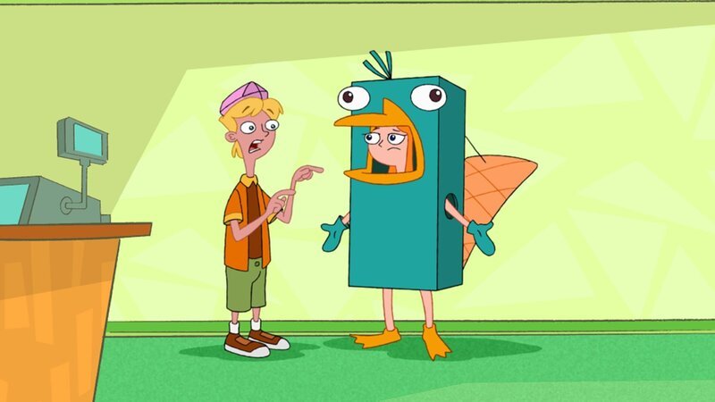 Phineas und Ferb erfinden ein Holzspielzeug in der Form eines Schnabeltieres. – Bild: Disney /​ The Walt Disney Company Germany