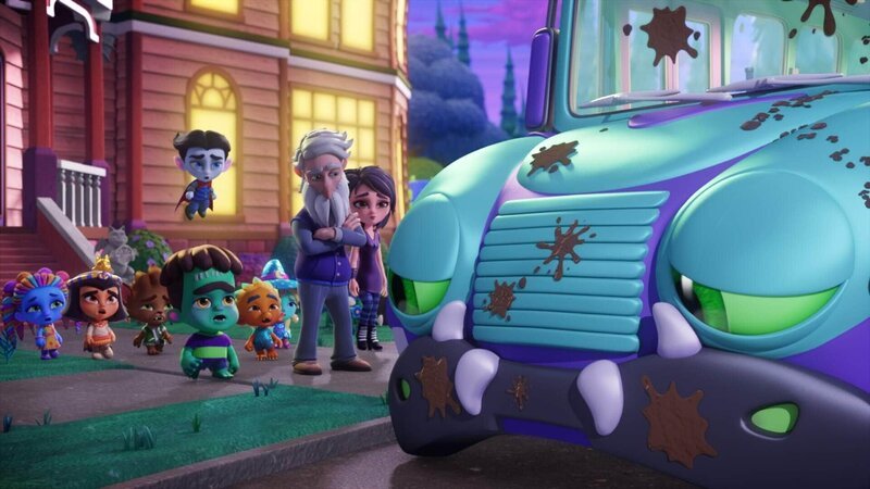 GrrBus, der Kindergartenbus ist total verdreckt. Doch er hat partout keine Lust darauf, gewaschen zu werden. Können die Supermonster ihn umstimmen? – Bild: SUPER RTL