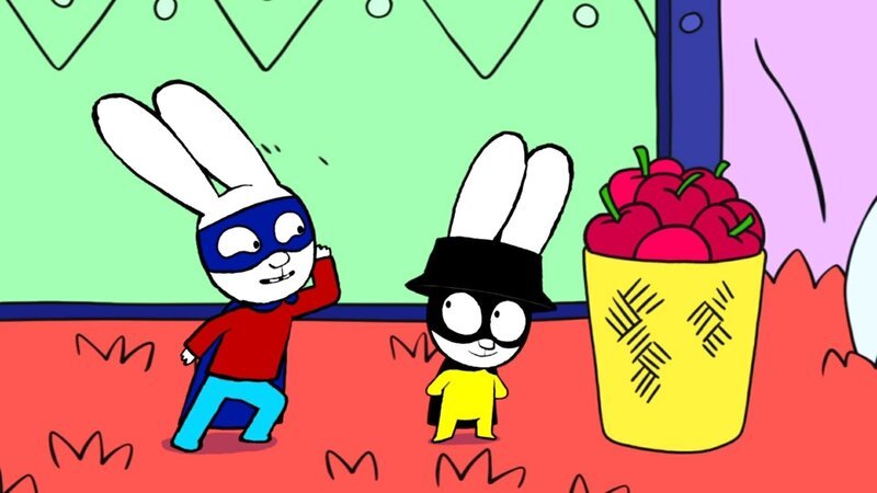In ihrer Superhelden-Fantasiewelt müssen Superhase und Captain Hase den Korb mit gestohlenen Äpfel zurückerobern. – Bild: ZDF/​GO-N Productions