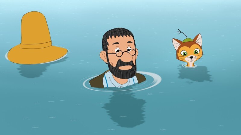 Pettersson und Findus haben beim Angeln Pech gehabt: Sie sind ins Wasser gefallen. – Bild: Edel Germany GmbH/​ZDF