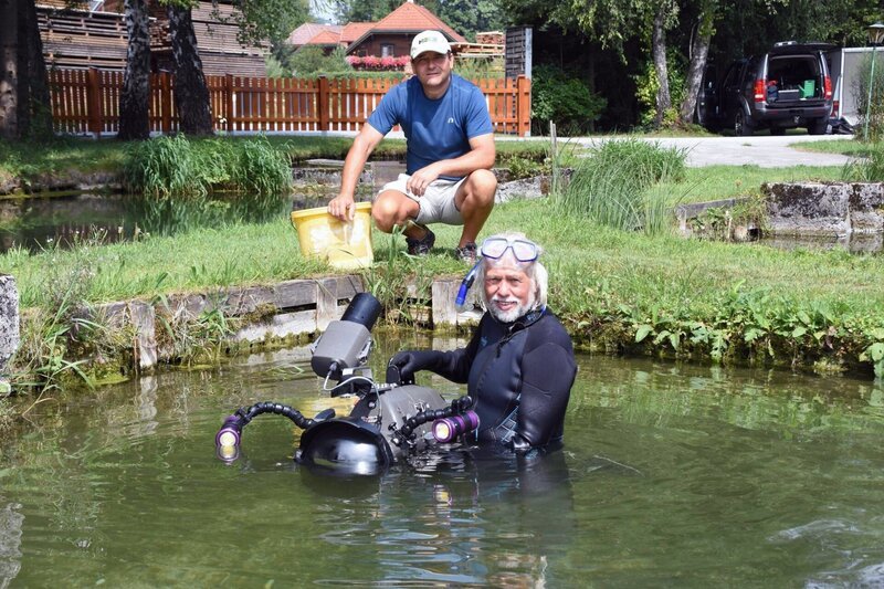 Naturfilmer Erich Pröll mit der Unterwasserkamera beim Fischteich des Forellenhofs in Grünau. – Bild: ORF/​Landesstudio Oberösterreich