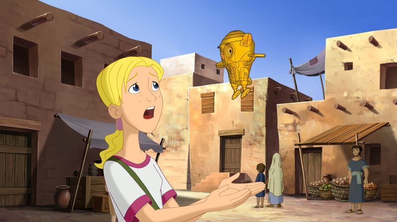 Cora und der Cubus Temporis. Das ist der Name der goldenen Zeitmaschine, mit Cora und ihre Freunde durch das Alte und Neue Testament reisen können. – Bild: KI.KA/​Cross Media/​Beta/​Trickompany