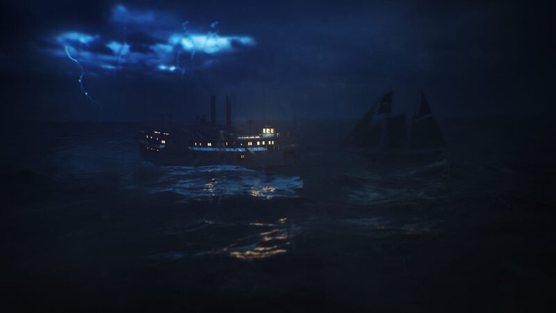 Augusta kracht in einer stürmischen, dunklen Nacht mit Blitzen im Hintergrund auf die Lady Elgin. Ort – Lake Michigan. – Bild: National Geographic