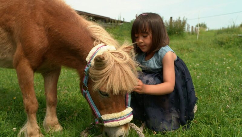 Die Schwestern Tarrah und Feya besuchen das Zwergpony Fanta auf der Wiese. Sie ziehen ihm das Halfter an, putzen es und gehen mit Fanta spazieren. – Bild: WDR