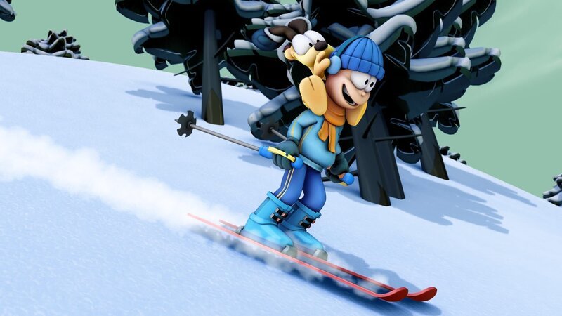 WĂ¤hrend Jon und Odie sich in der verschneiten Landschaft vergnĂĽgen, hockt der entnervte Garfield frierend in der HĂĽtte. – Bild: HR/​Dargaud Media/​MediaToon/​Paws Inc./​France 3
