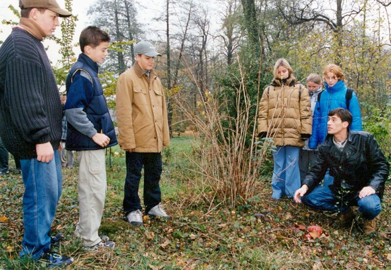 Der Biologielehrer Jentsch (Robert Glatzeder, rechts) bestimmt auf einer Exkursion die Pflanzenwelt. Als sie einen Fliegenpilz entdecken, erzählt Jentsch den Schülern über die Wirkung und Mißbrauch des Pilzes. – Bild: MDR/​Krajewski