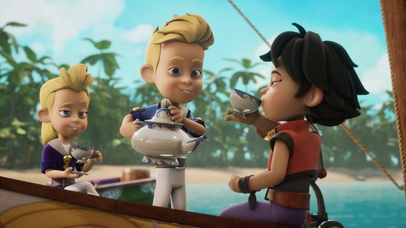 Sogar die arroganten Zwillinge Alina und Gustav sind jetzt freundlich zu Zoe, da sie mutmaßlich aus einem berühmten Piratengeschlecht abstammt. – Bild: Method Animation – Mediawan kids & family